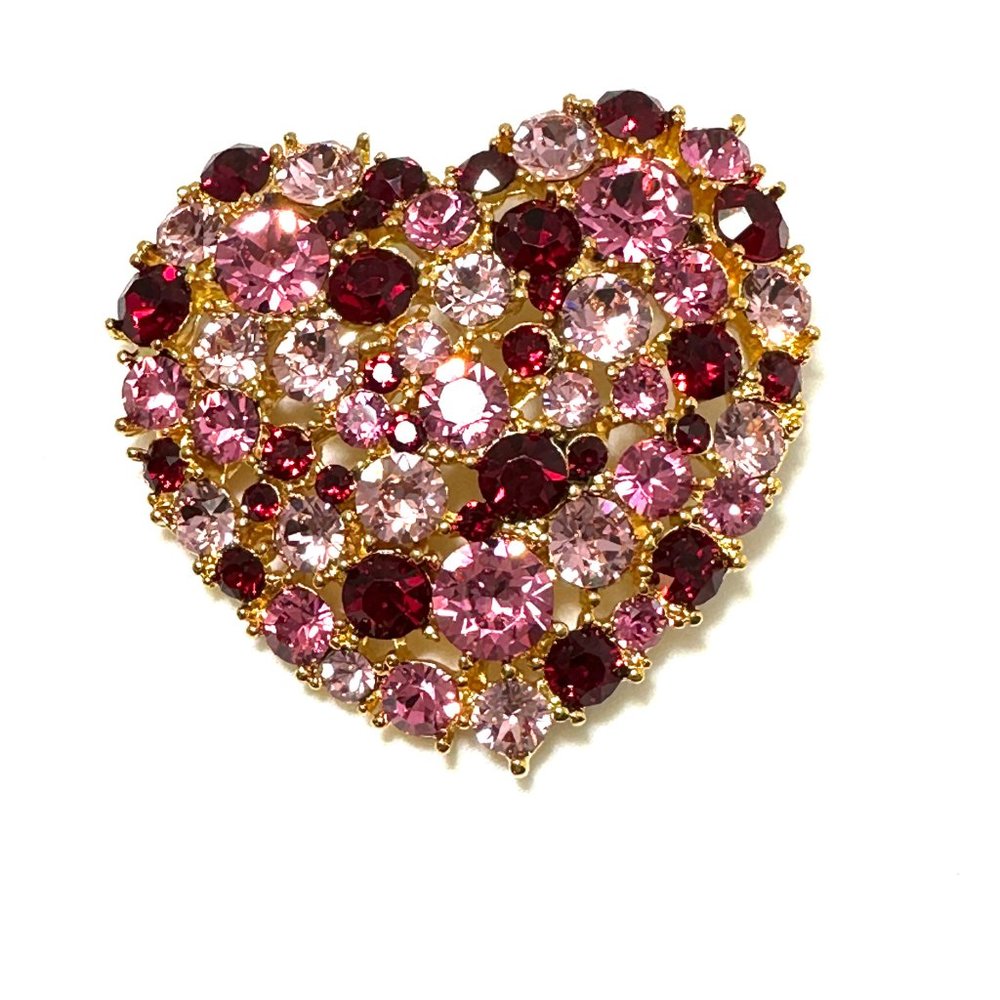 KENNETH JAY LANE, GOLD/CRYSTAL HEART PIN, CRYSTALS & RUBY & PINK CRYSTALS